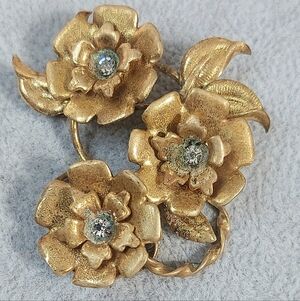 Vintage Austria Gold Floral Brooch Pin With Rhinestone Accents